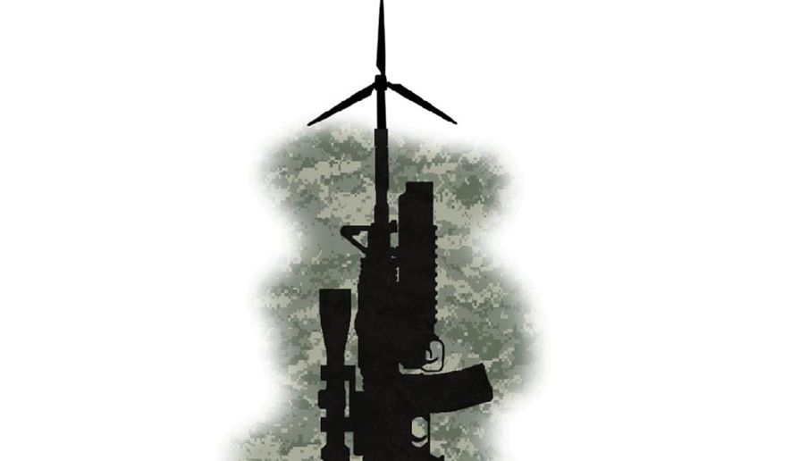 Illustration on national defense policy and climate change by Alexander Hunter/The Washington Times