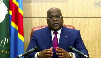In this image made from UNTV video, Felix Tshisekedi, President of Congo, speaks in a pre-recorded message which was played during the U.N. General Assembly&#39;s special session to discuss the response to COVID-19 and the best path to recovery from the pandemic, Thursday, Dec. 3, 2020, at UN headquarters in New York. (UNTV via AP)