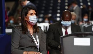 Former U.S. Ambassador to the UN Nikki Haley takes her seat before the start of the second and final presidential debate Thursday, Oct. 22, 2020, at Belmont University in Nashville, Tenn. (AP Photo/Patrick Semansky)