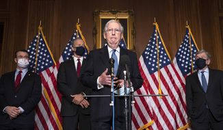 Senate Majority Leader Mitch McConnell of Kentucky, speaks to the media after the Republican&#x27;s weekly Senate luncheon, Tuesday, Dec. 8, 2020 at the Capitol in Washington. (Kevin Dietsch/Pool via AP)