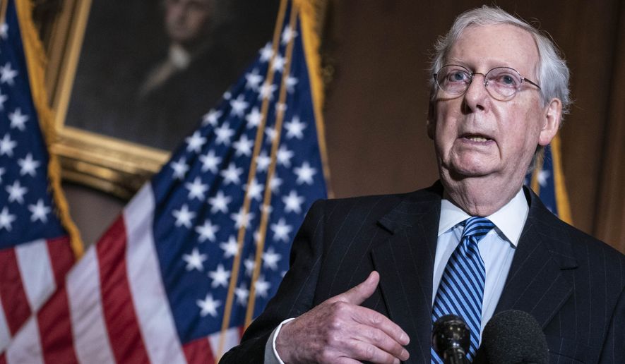 Senate Majority Leader Mitch McConnell of Kentucky, speaks during a news conference following a weekly meeting with the Senate Republican caucus, Tuesday, Dec. 8. 2020 at the Capitol in Washington. (Sarah Silbiger/Pool via AP)
