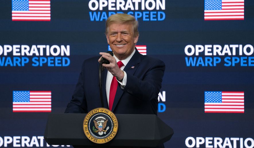 President Donald Trump speaks during an &quot;Operation Warp Speed Vaccine Summit&quot; on the White House complex, Tuesday, Dec. 8, 2020, in Washington. (AP Photo/Evan Vucci)
