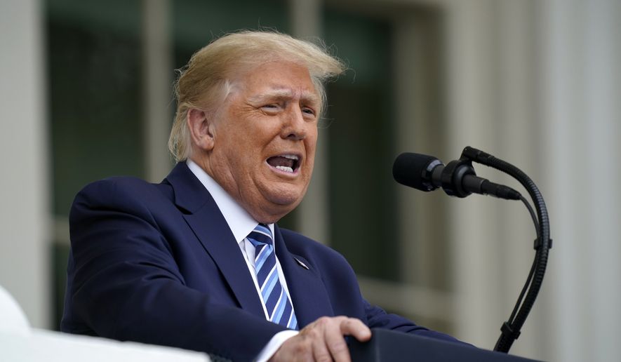 In this Oct. 10, 2020, photo, President Donald Trump speaks from the Blue Room Balcony of the White House to a crowd of supporters in Washington. (AP Photo/Alex Brandon) ** FILE **
