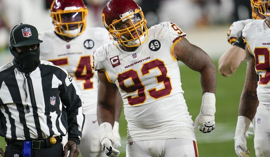 Washington Football Team defensive tackle Jonathan Allen (93) plays in an NFL football game against the Pittsburgh Steelers, Monday, Dec. 7, 2020, in Pittsburgh. (AP Photo/Keith Srakocic)