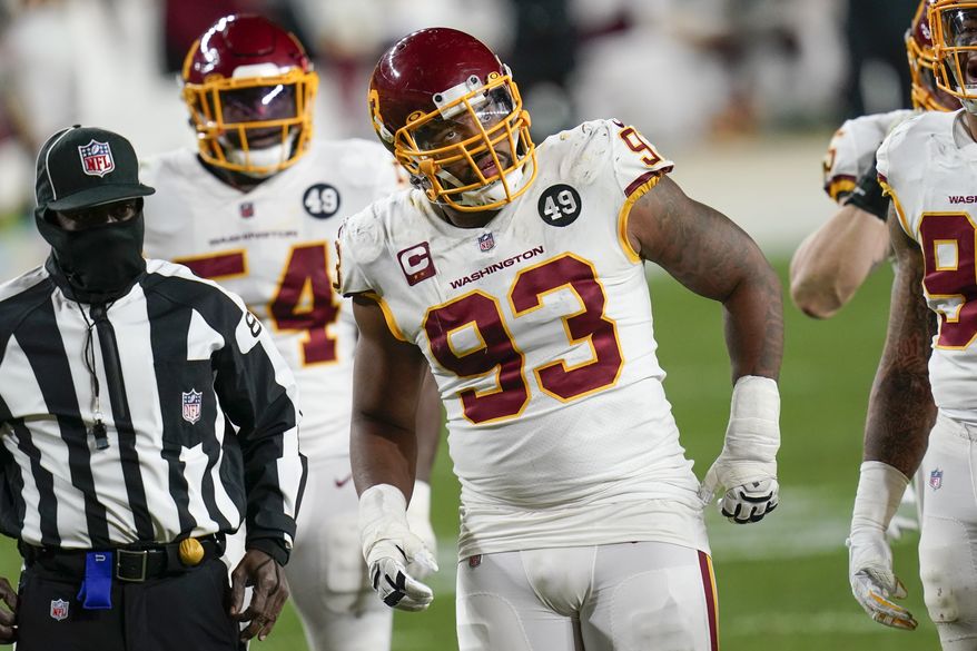 Washington Football Team defensive tackle Jonathan Allen (93) plays in an NFL football game against the Pittsburgh Steelers, Monday, Dec. 7, 2020, in Pittsburgh. (AP Photo/Keith Srakocic)
