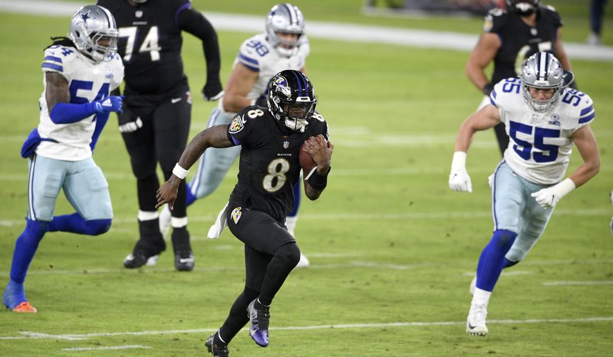 Baltimore Ravens quarterback Lamar Jackson (8) runs with the ball while scoring a touchdown on a keeper against the Dallas Cowboys during the first half of an NFL football game, Tuesday, Dec. 8, 2020, in Baltimore. (AP Photo/Nick Wass)