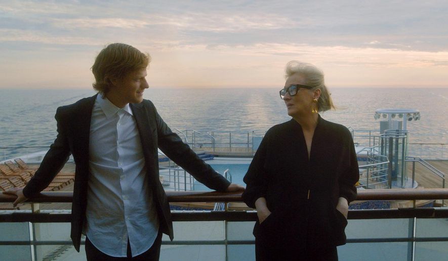 This image released by HBO Max shows Lucas Hedges, left, and Meryl Streep in a scene from "Let Them All Talk." (Peter Andrews/HBO Max via AP)