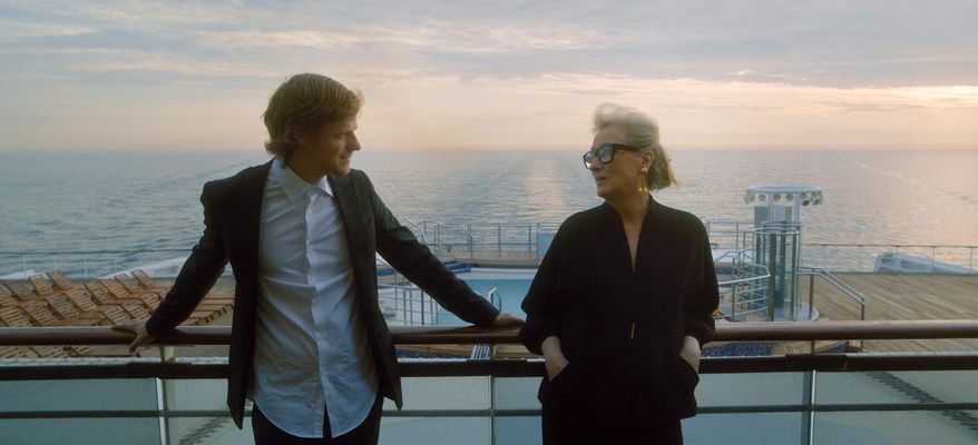 This image released by HBO Max shows Lucas Hedges, left, and Meryl Streep in a scene from "Let Them All Talk." (Peter Andrews/HBO Max via AP)