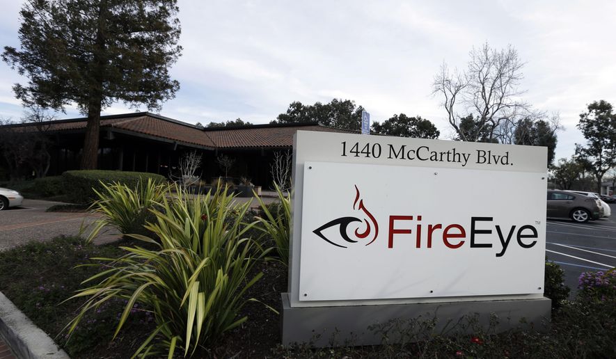 This Wednesday, Feb. 11, 2015 photo shows FireEye offices in Milpitas, Calif. The cybersecurity firm said Tuesday, Dec. 8, 2020 it was hacked by what it believes was a national government. The attacker targeted and stole assessment tools that FireEye uses to test its customers&#39; security and which mimic the methods used by hackers, the company said. (AP Photo/Ben Margot)