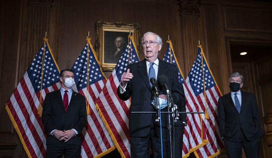 Senate Majority Leader Mitch McConnell of Kentucky, speaks during a news conference following a weekly meeting with the Senate Republican caucus, Tuesday, Dec. 8. 2020 at the Capitol in Washington. Americans waiting for Republicans in Congress to acknowledge Joe Biden as the president-elect may have to keep waiting until January as GOP leaders stick with President Donald Trumps litany of legal challenges and unproven claims of fraud. (Sarah Silbiger/Pool via AP) **FILE**
