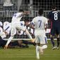 U.S. forward Ayo Akinola, on ground, scores a goal against El Salvador during the first half of an international friendly soccer match Wednesday, Dec. 9, 2020, in Fort Lauderdale, Fla. (AP Photo/Wilfredo Lee)