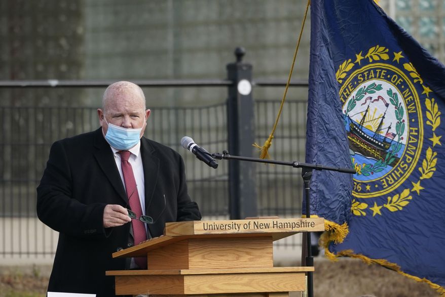 In this Dec. 2, 2020 photo, New Hampshire House Speaker Dick Hinch speaks during an outdoor legislative session at the University of New Hampshire in Durham, N.H. Hinch died, Wednesday, Dec. 9, 2020, just a week after he was sworn in as leader of the state's newly Republican-led Legislature. He was 71. (AP Photo/Elise Amendola)