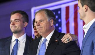 FILE - In this Nov.3, 2020 file photo, Sen. Doug Jones, R-Alabama, becomes emotional near the end of his concession speech during his election night watch party in Birmingham, Ala. President-elect Joe Biden is eyeing several Democrats who lost congressional reelection races last month for key positions in his administration. They include outgoing Reps. Abby Finkenauer of Iowa and Donna Shalala of Florida and Sen. Doug Jones of Alabama. (AP Photo/Julie Bennett)