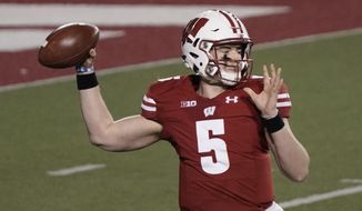 Wisconsin&#39;s Graham Mertz throws a pass during the second half of an NCAA college football game against Indiana Saturday, Dec. 5, 2020, in Madison, Wis.Indiana won 14-6. (AP Photo/Morry Gash)
