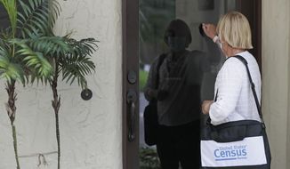 FILE - In this Aug. 11, 2020, file photo, a census taker knocks on the door of a residence in Winter Park, Fla. The congressional committee that oversees the Census Bureau issued a subpoena Thursday, Dec. 10, 2020, to U.S. Commerce Secretary Wilbur Ross for documents related to data irregularities that are putting in jeopardy a year-end deadline for turning in numbers used for divvying up congressional seats. Democrat U.S. Rep. Carolyn Maloney is the chair of the House Committee on Oversight and Reform. (AP Photo/John Raoux, File)