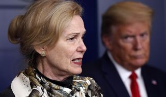 In this April 22, 2020, file photo, President Donald Trump listens as Dr. Deborah Birx, White House coronavirus response coordinator, speaks about the coronavirus in the James Brady Press Briefing Room of the White House in Washington. Birx was brought into President Donald Trump’s orbit to help fight the coronavirus, she had a sterling reputation as a globally recognized AIDS researcher and a rare Obama administration holdover. Less than 10 months later, her reputation is frayed and her future in President-elect Joe Biden&#39;s administration uncertain. (AP Photo/Alex Brandon, File)