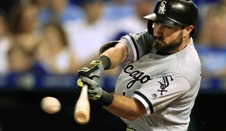 FILE - In this Aug. 9, 2016, file photo, Chicago White Sox Adam Eaton bats during a baseball game against the Kansas City Royals at Kauffman Stadium in Kansas City, Mo. Outfielder Adam Eaton and the Chicago White Sox have reunited, finalizing a one-year contract on Thursday, Decv. 10, 2020, that guarantees $8 million. Eaton played for Chicago from 2014-16 and was dealt to the Washington Nationals at the December 2016 winter meetings. (AP Photo/Orlin Wagner, File)