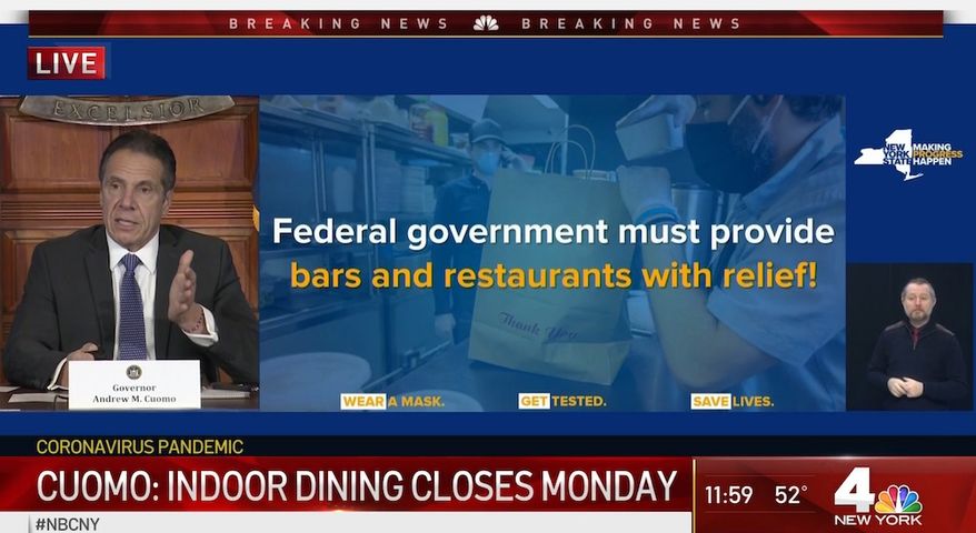 New York Gov. Andrew Cuomo demands federal relief for the Big Apple's bars and restaurants, Dec. 11, 2020. The Democrat told reporters that indoor dining would be suspended starting Dec. 14. (Image: NBC-4 New York, live video screenshot)