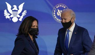 President-elect Joe Biden, right, and Vice President-elect Kamala Harris, left, share a laugh during an event to announce several choices for positions in the Biden administration at The Queen theater in Wilmington, Del., Friday, Dec. 11, 2020. (AP Photo/Susan Walsh) ** FILE **