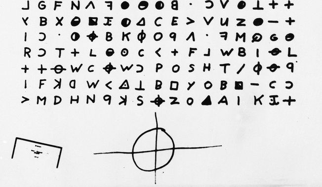 This is a file copy of a cryptogram sent to the San Francisco Chronicle in 1969 by the Zodiac Killer. A coded letter mailed to a San Francisco newspaper by the Zodiac serial killer in 1969 has been deciphered by a team of amateur sleuths from the United States, Australia and Belgium, the San Francisco Chronicle reported Friday, Dec. 11, 2020. (San Francisco Chronicle via AP, File)/San Francisco Chronicle via AP)