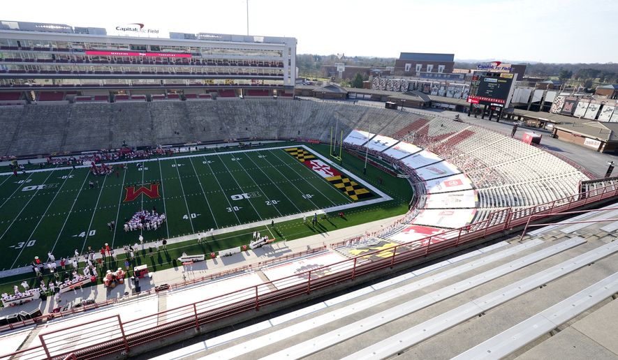 Empty stands are visible during the second half of an NCAA college football game between Maryland and Rutgers, Saturday, Dec. 12, 2020, in College Park, Md. Rutgers won 27-24 in overtime. (AP Photo/Julio Cortez) **FILE**