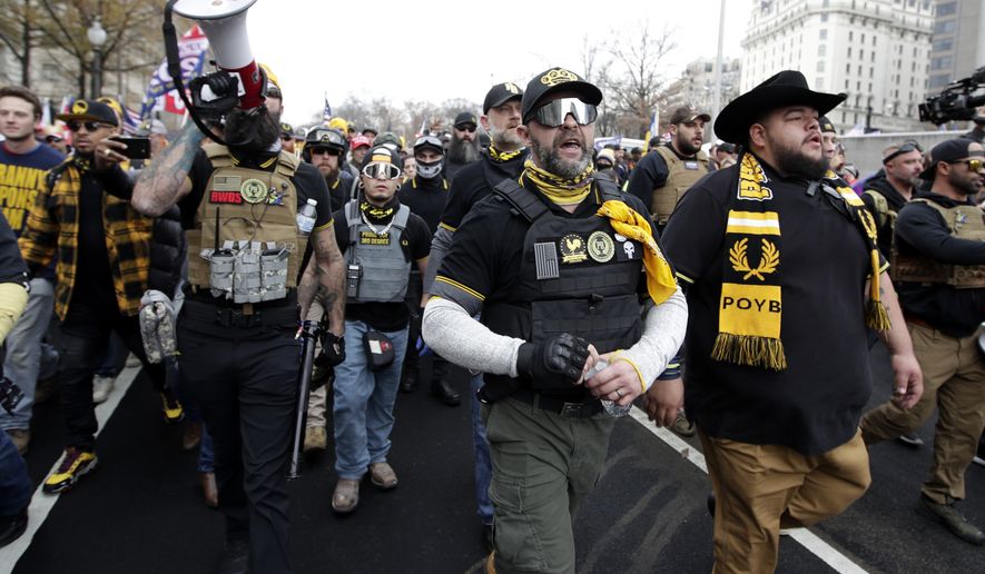 Supporters of President Donald Trump who are wearing attire associated with the Proud Boys attend a rally at Freedom Plaza, Saturday, Dec. 12, 2020, in Washington. (AP Photo/Luis M. Alvarez)