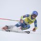 United States&#39; Mikaela Shiffrin speeds down the course during an alpine ski, women&#39;s World Cup giant slalom in Courchevel, France, Saturday, Dec. 12, 2020. (AP Photo/Marco Trovati)