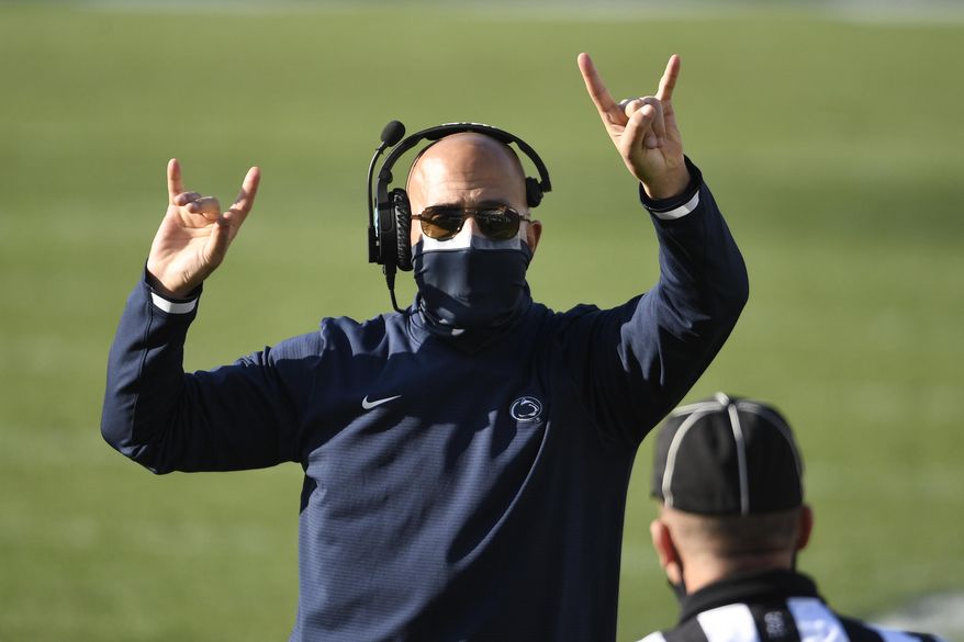 Penn State head coach James Franklin calls for a 2-point conversion during an NCAA college football game against Michigan State in State College, Pa., on Saturday, Dec. 12, 2020. Penn State defeated Michigan State 39-24. (AP Photo/Barry Reeger)