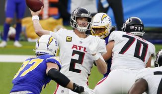 Atlanta Falcons quarterback Matt Ryan (2) throws against the Los Angeles Chargers during the first half of an NFL football game Sunday, Dec. 13, 2020, in Inglewood, Calif. (AP Photo/Jae C. Hong)