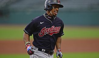 FILE - In this July 10, 2020, file photo, Cleveland Indians&#39; Francisco Lindor runs the bases after hitting a home run during a simulated game at Progressive Field in Cleveland. The Indians are changing their name after 105 years, a person familiar with the decision told The Associated Press on Sunday, Dec. 13, 2020. After months of internal discussion prompted by public pressure and a national movement to remove racist names and symbols, the team is moving away from the name it has been called since 1915, said the person who spoke on condition of anonymity because the team has not revealed its plans. (AP Photo/David Dermer, File)