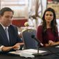 Florida Gov. Ron DeSantis answers questions as his wife Casey DeSantis listens following a roundtable discussion regarding mental health at the Tampa Firefighter Museum, Friday, Dec. 11, 2020, in Tampa, Fla. (Ivy Ceballo/Tampa Bay Times via AP) ** FILE **