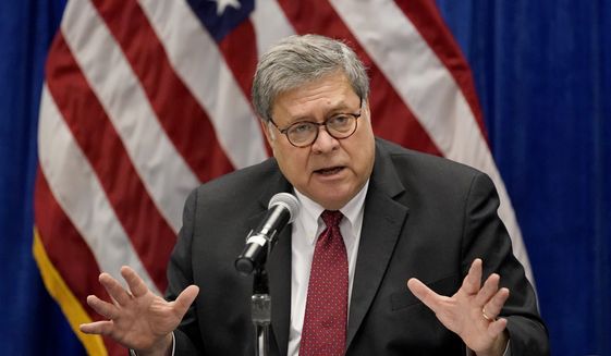In this Oct. 15, 2020, file photo, Attorney General William Barr speaks during a roundtable discussion on Operation Legend in St. Louis. (AP Photo/Jeff Roberson, File)