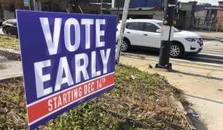 A sign in an Atlanta neighborhood on Friday, Dec. 11, 2020, urges people to vote early in Georgia&#39;s two U.S. Senate races. The early in-person voting period beginning Monday, Dec. 14, 2020, and lasting as late as Dec. 31 could determine the outcomes of races between Republican U.S. Sens. David Perdue and Kelly Loeffler and Democratic challengers Jon Ossoff and Raphael Warnock that will decide control of the U.S. Senate. (AP Photo/Jeff Amy)