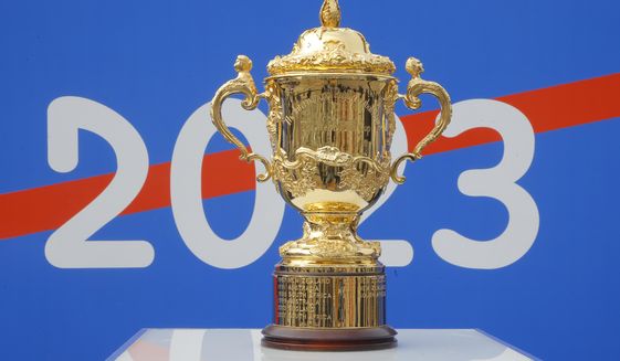 FILE - In this Sept. 8, 2020 file photo, the Webb Ellis Cup is displayed during a presentation in Paris. The 2023 Rugby World Cup will take place in France from sept.8 2023 to oct. 21 2023. (AP Photo/Michel Euler, File)