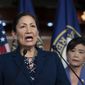 In this March 5, 2020, photo Rep. Deb Haaland, D-N.M., Native American Caucus co-chair, joined at right by Rep. Judy Chu, D-Calif., chair of the Congressional Asian Pacific American Caucus, speaks to reporters about the 2020 Census on Capitol Hill in Washington. (AP Photo/J. Scott Applewhite) **FILE**