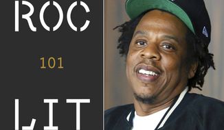 This combination photo shows the logo for a new imprint for Roc Lit 101, left, and Jay-Z, founder of Roc Nation, who is starting the imprint with Random House. (AP Photo)