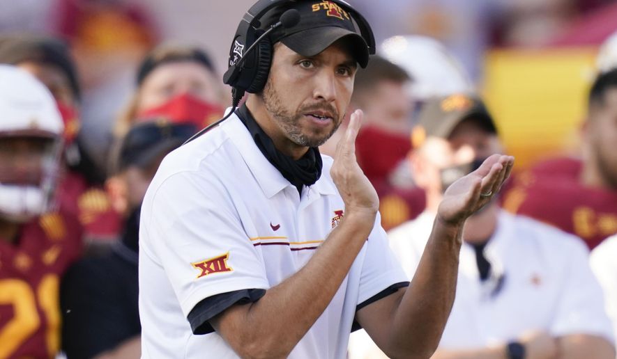 FILE - Iowa State head coach Matt Campbell reacts on the sideline during the second half of an NCAA college football game against Texas Tech in Ames, Iowa, in this Saturday, Oct. 10, 2020, file photo. The Cyclones, who at No. 8 have their highest ranking ever in The Associated Press poll, play No. 12 Oklahoma on Saturday at AT&amp;amp;T Stadium in Arlington, Texas. (AP Photo/Charlie Neibergall, File)