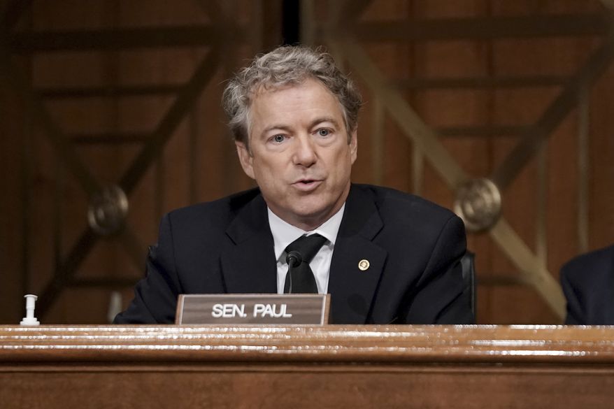 Sen. Rand Paul, R-Ky., asks questions during a Senate Homeland Security &amp; Governmental Affairs Committee hearing to discuss election security and the 2020 election process on Wednesday, Dec. 16, 2020, on Capitol Hill in Washington. (Greg Nash/Pool via AP)