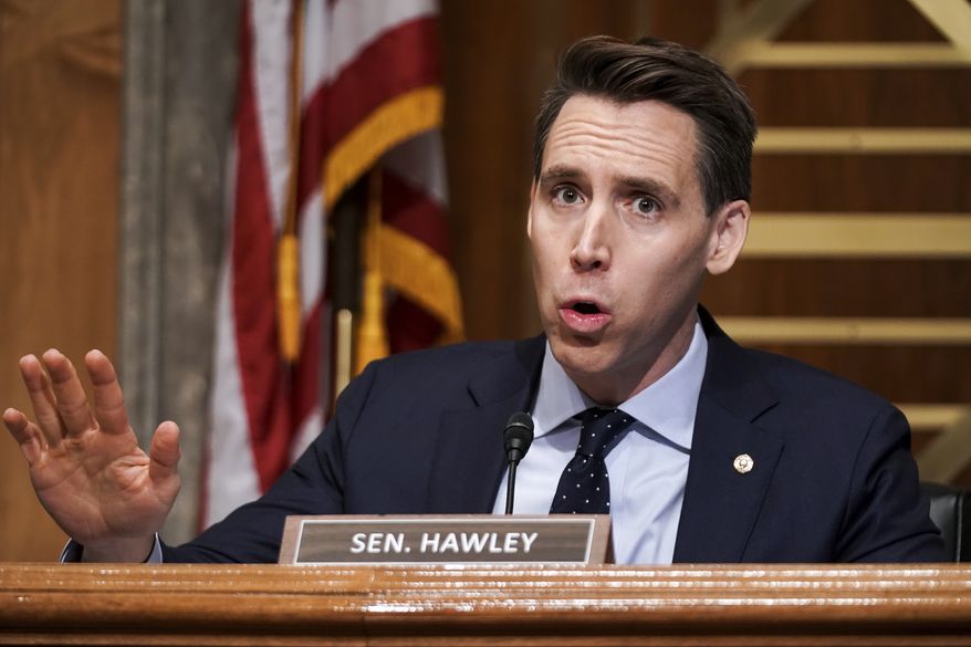 Sen. Josh Hawley, R-Mo., asks questions during a Senate Homeland Security &amp; Governmental Affairs Committee hearing to discuss election security and the 2020 election process on Wednesday, Dec. 16, 2020, on Capitol Hill in Washington. (Greg Nash/Pool via AP) **FILE**