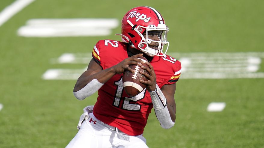 Maryland quarterback Lance LeGendre looks to pass against Rutgers during the first half of an NCAA college football game, Saturday, Dec. 12, 2020, in College Park, Md. (AP Photo/Julio Cortez)
