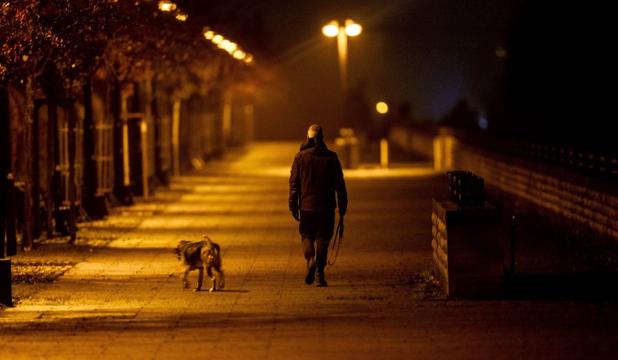 A man walks his dog in the outskirts of Frankfurt, Germany, Wednesday, Dec. 16, 2020, the first day of a nationwide lockdown. (AP Photo/Michael Probst)