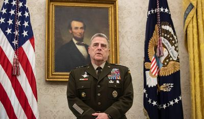 In this May 15, 2020, file photo, Joint Chiefs Chairman Gen. Mark Milley speaks during the presentation of the Space Force Flag in the Oval Office of the White House with President Donald Trump, in Washington. (AP Photo/Alex Brandon, File)  **FILE**