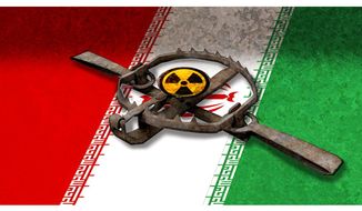 Illustration on the Iran nuclear deal by Alexander Hunter/The Washington Times