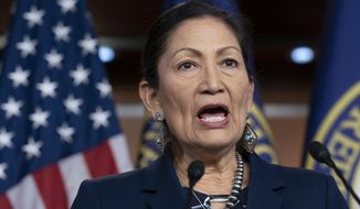 In this March 5, 2020, photo Rep. Deb Haaland, D-N.M., Native American Caucus co-chair, speaks to reporters about the 2020 Census on Capitol Hill in Washington. President-elect Joe Biden plans to nominate Haaland as interior secretary. The historic pick would make her the first Native American to lead the powerful federal agency that has wielded influence over the nation&#39;s tribes for generations. (AP Photo/J. Scott Applewhite) **FILE**