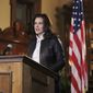 In this Oct. 8, 2020, file photo provided by the Michigan Office of the Governor, Michigan Gov. Gretchen Whitmer addresses the state during a speech in Lansing, Mich. (Michigan Office of the Governor via AP, File)