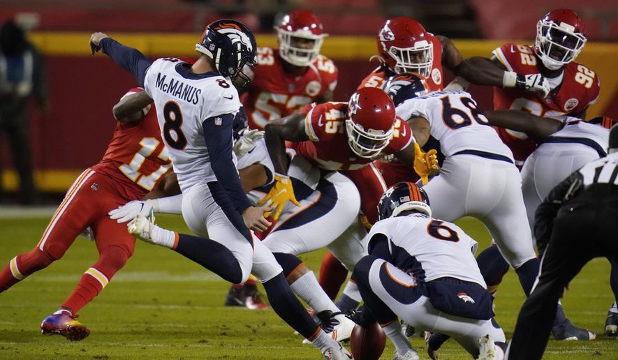 Denver Broncos kicker Brandon McManus (8) kicks a 53-yard field goal against the Kansas City Chiefs in the first half of an NFL football game in Kansas City, Mo., Sunday, Dec. 6, 2020. (AP Photo/Jeff Roberson)