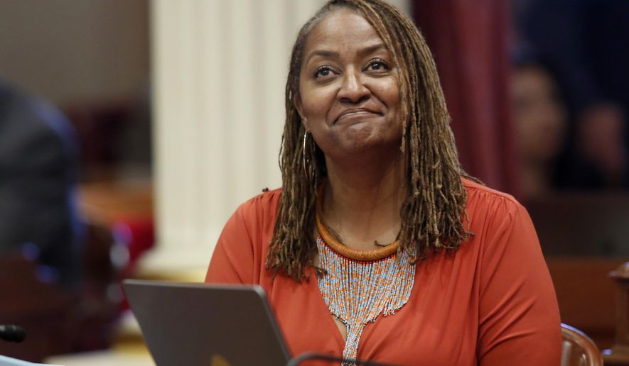 FILE - In this July 8, 2019 file photo, state Sen. Holly Mitchell, D-Los Angeles, reacts in the Senate chamber in Sacramento, Calif. California Gov. Gavin Newsom announced Thursday, Dec. 17, 2020, that a special election in Los Angeles County will be held March 2 t o replace Mitchell, who left in mid-term for the county board of supervisors. Mitchell is endorsing Assemblywoman Sydney Kamlager to succeed her. (AP Photo/Rich Pedroncelli, File)