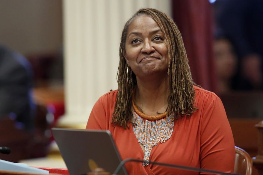 FILE - In this July 8, 2019 file photo, state Sen. Holly Mitchell, D-Los Angeles, reacts in the Senate chamber in Sacramento, Calif. California Gov. Gavin Newsom announced Thursday, Dec. 17, 2020, that a special election in Los Angeles County will be held March 2 t o replace Mitchell, who left in mid-term for the county board of supervisors. Mitchell is endorsing Assemblywoman Sydney Kamlager to succeed her. (AP Photo/Rich Pedroncelli, File)