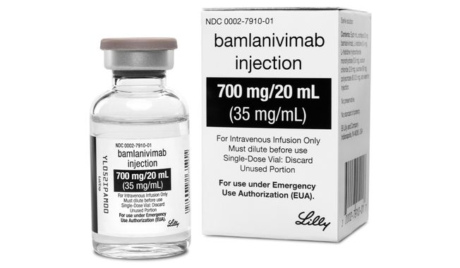 FILE - This photo provided by Eli Lilly shows the drug Bamlanivimab, the first antibody drug to help the immune system fight COVID-19. Antibodies are made by the immune system to fight the virus but it can take several weeks after infection for the best ones to form. This and a Regeneron medication aim to help right away, by supplying concentrated doses of one or two antibodies that worked best in lab tests. (Courtesy of Eli Lilly via AP)