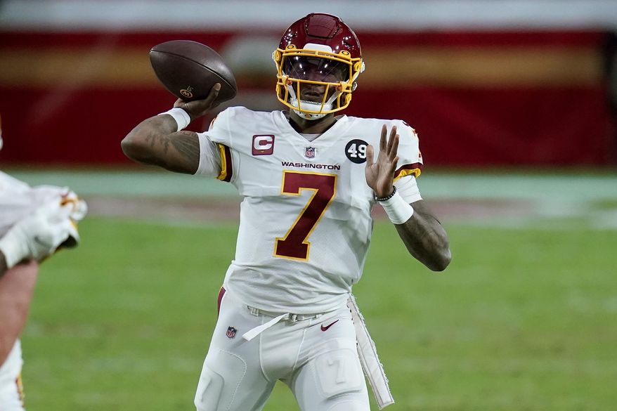 Washington Football Team quarterback Dwayne Haskins (7) throws against the San Francisco 49ers during the second half of an NFL football game, Sunday, Dec. 13, 2020, in Glendale, Ariz. (AP Photo/Ross D. Franklin)